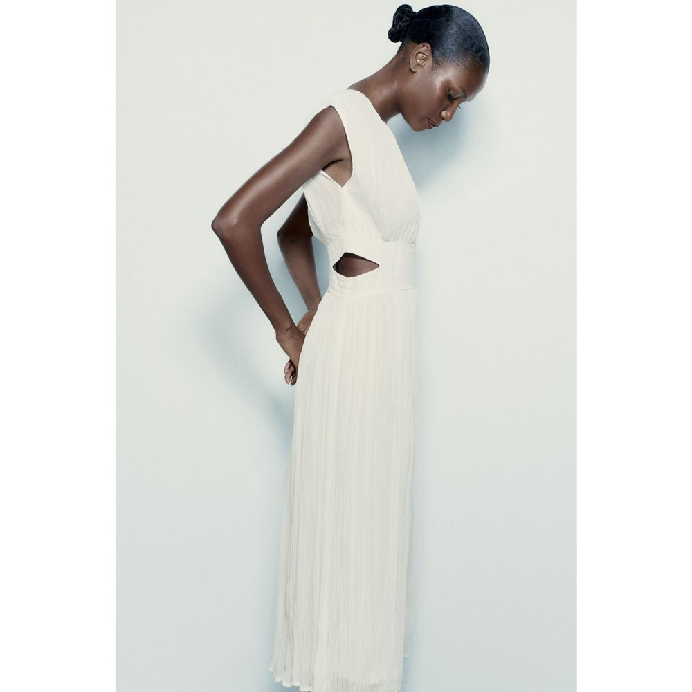NWT ZARA Pleated Chiffon Maxi Dress Side Cutout Detail in White Women's Size XS - Picture 13 of 16